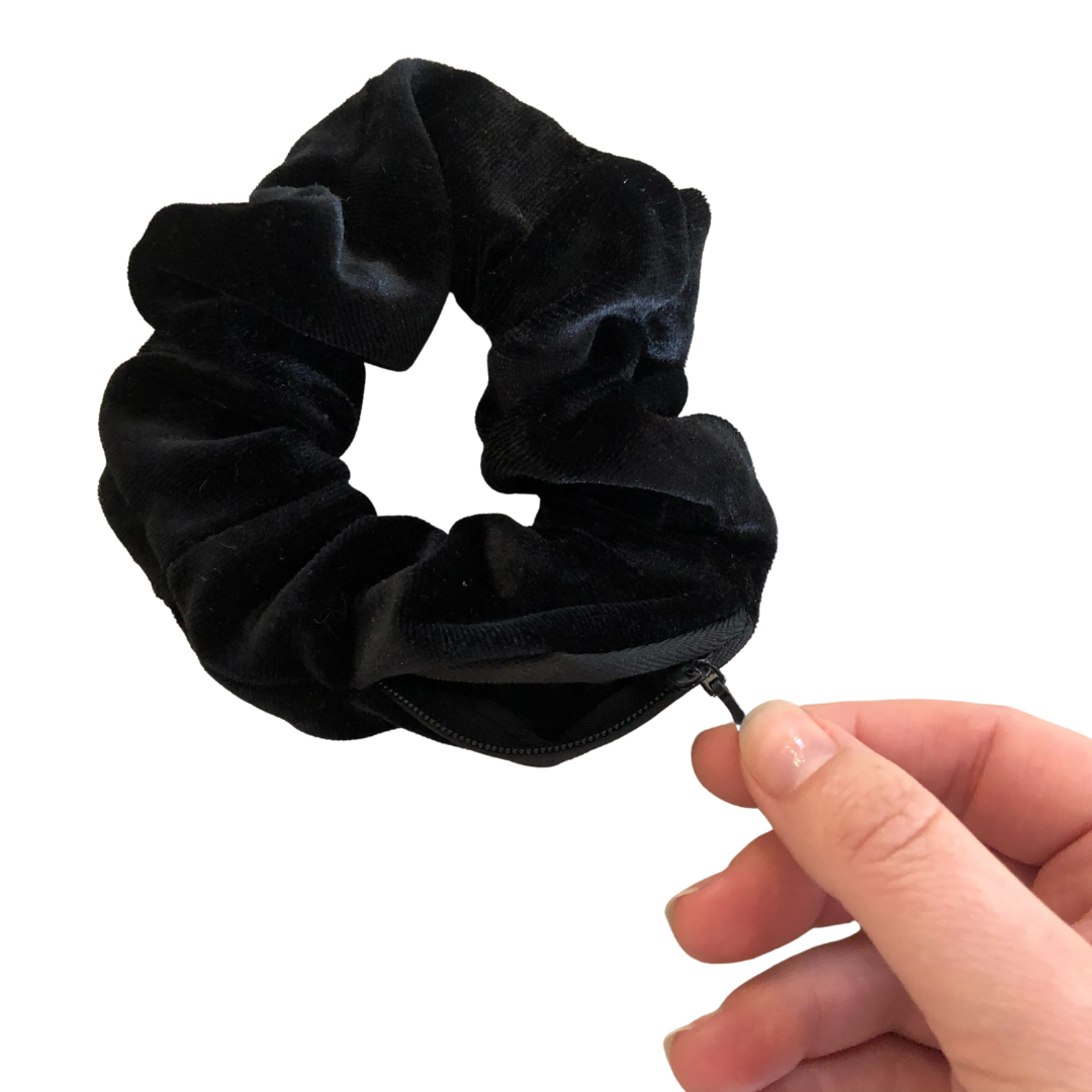 Secret Pocket Zipper Scrunchie - Black Velvet - Ponytails and Fairytales
