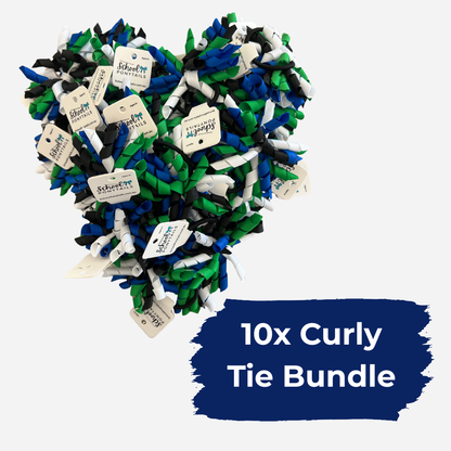 Green, Royal Blue, Black, and White Curly Tie Bundle (10 pack)